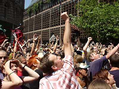 protesters party on down outside the meet up point at Liverpool St